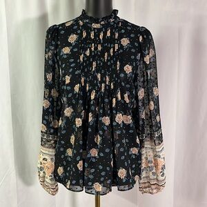Maison d’Amelie Sheer Multicolor Floral Pleated Yoke Long Sleeve Blouse Sz Med